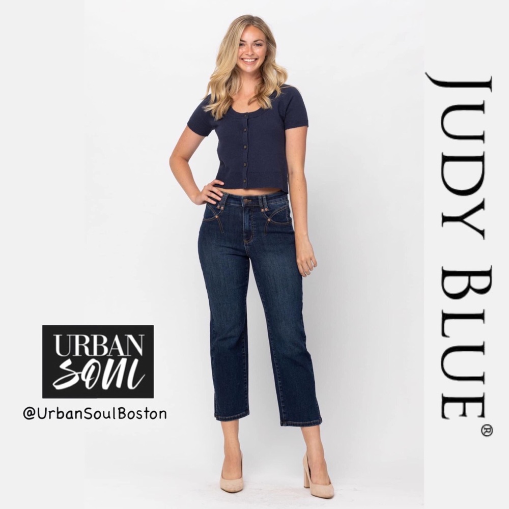 JUDY BLUE | Cropped Straight Leg with Pocket Detail - Dark Wash